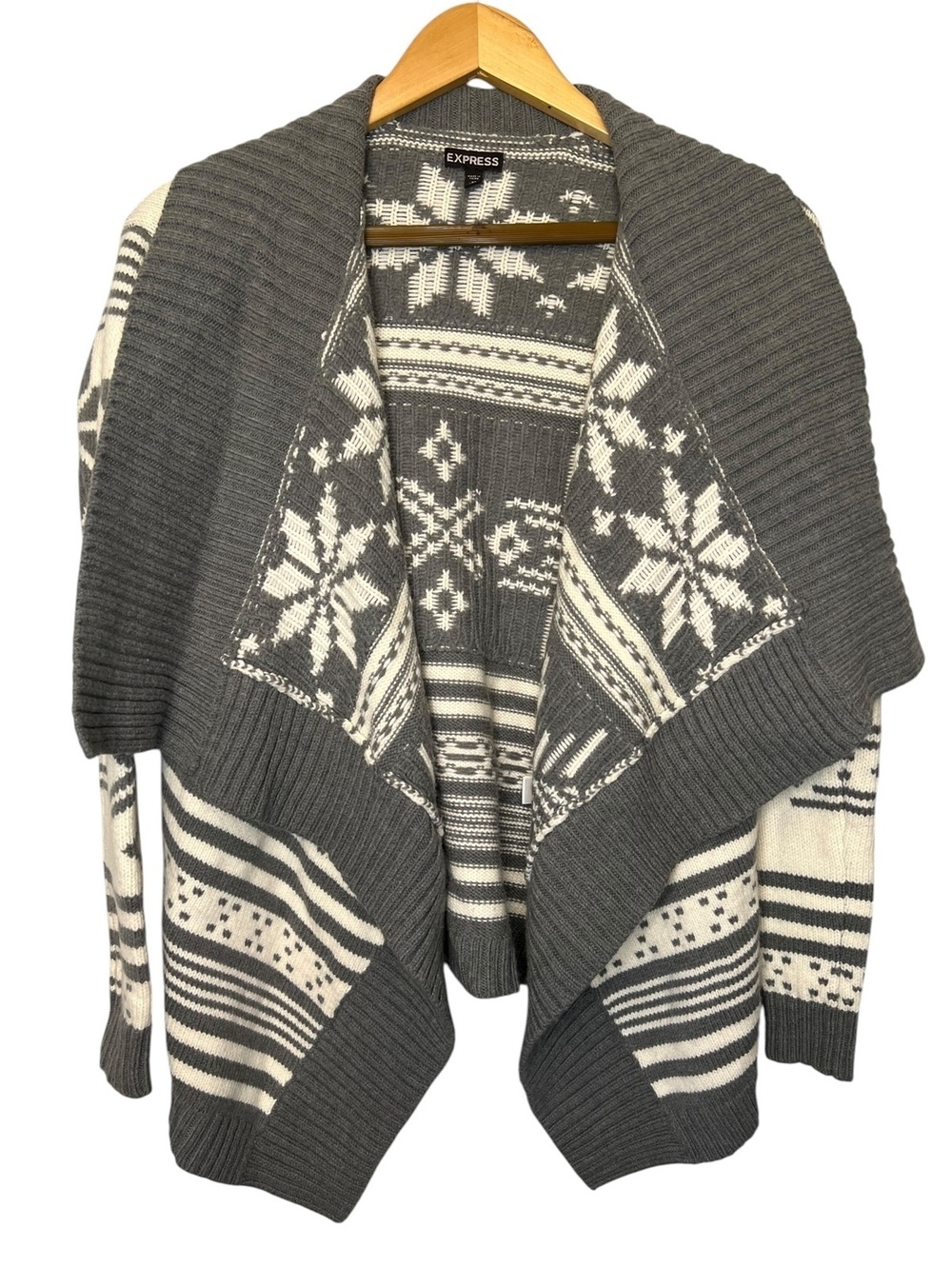 EXPRESS Merino Wool Blend Fair Isle Cardigan Sweater Open Front XS Gray White